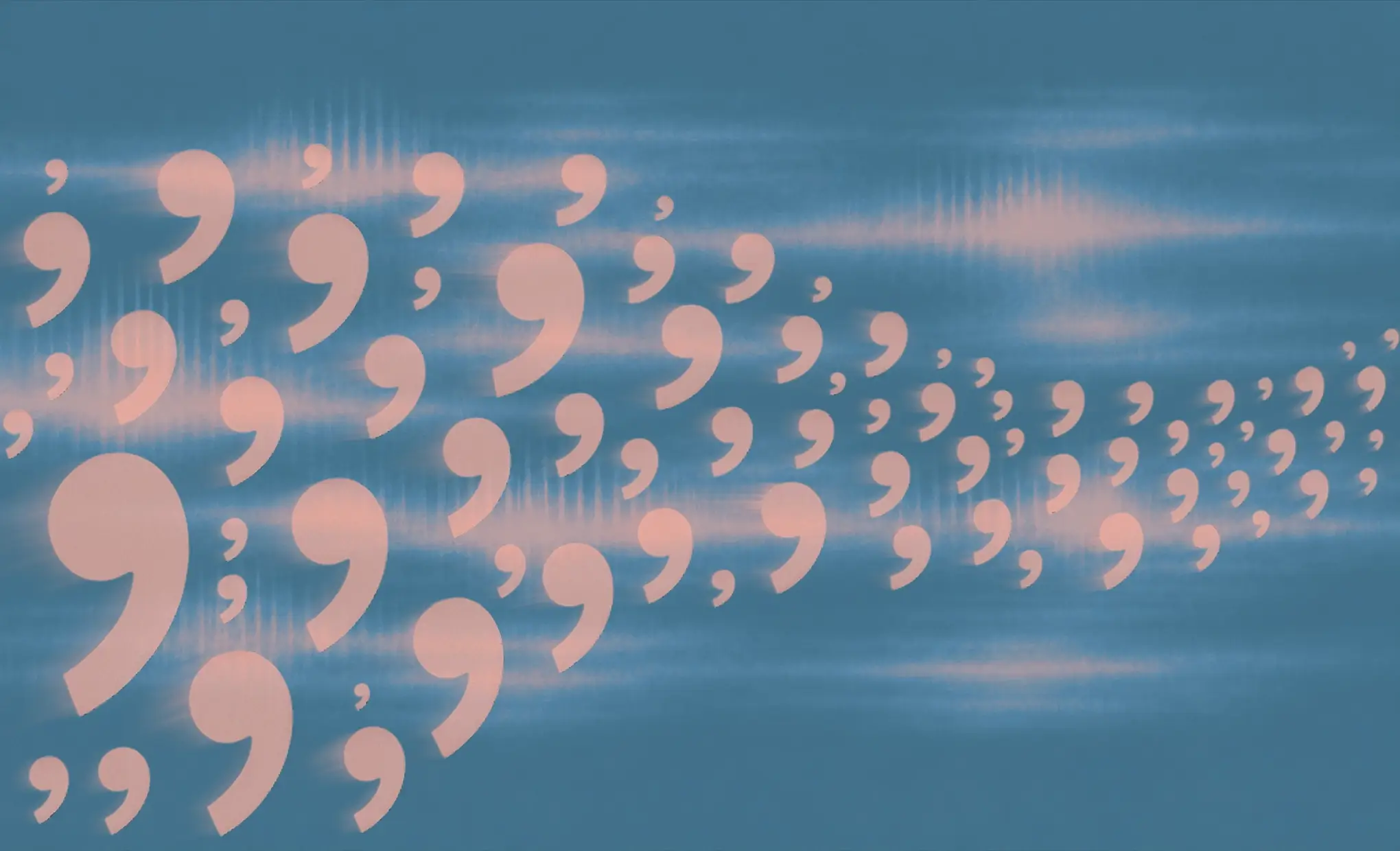Pink semicolons arranged in a swirling pattern against a blue background with soft, blurred light streaks.